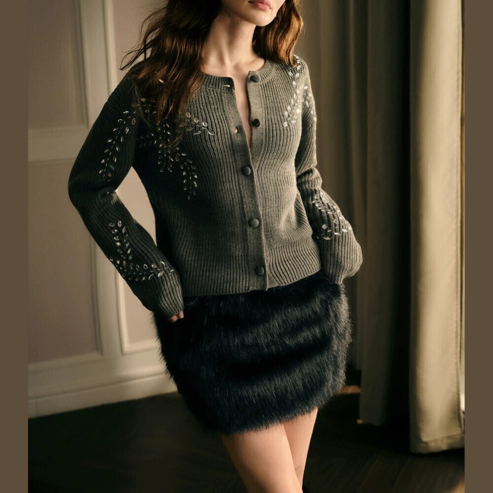 Gray Ribbed Knit Crystal Applique Button Front Short Cardigan